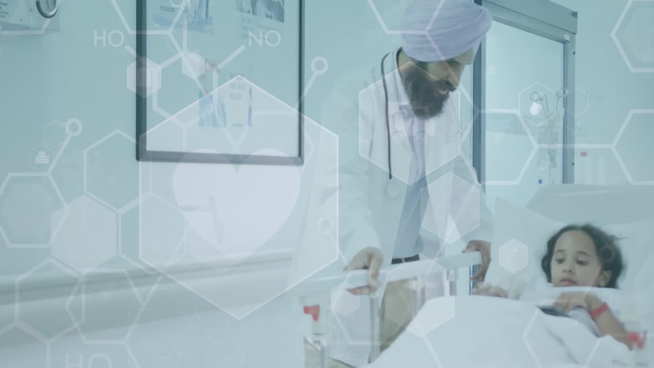 두 인종의 남성 의사와 소녀 환자를 대상으로 한 의료 데이터 처리의 애니메이션