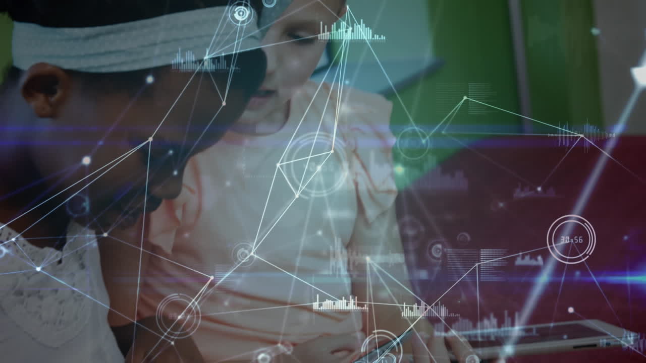 태블릿을 사용하는 여학생들에 대한 연결 네트워크의 애니메이션