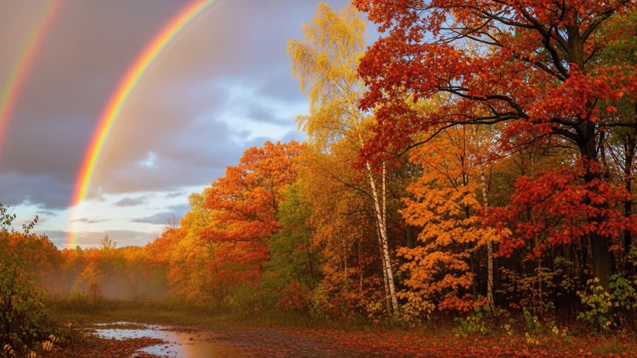 Un paysage automnal époustouflant présentant un feuillage orange et jaune vif sous un double arc-en-ciel se reflétant sur une surface d'eau sereine.