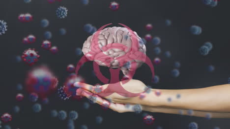 animación de células de covid-19 con el cerebro humano girando y el signo de peligro biológico sobre las manos femeninas