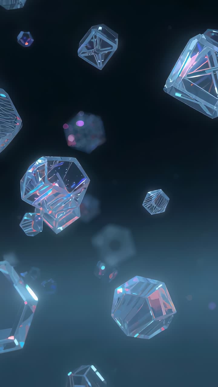 Video verticale: animazione iniziale di un cluster di cristalli tagliati che ruota e fluttua nello spazio mostrando una croce