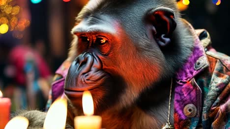 a gorilla sitting in front of a table with candles