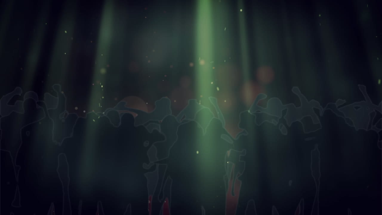 animación de reflectores, confeti y proyecciones sobre la multitud bailando