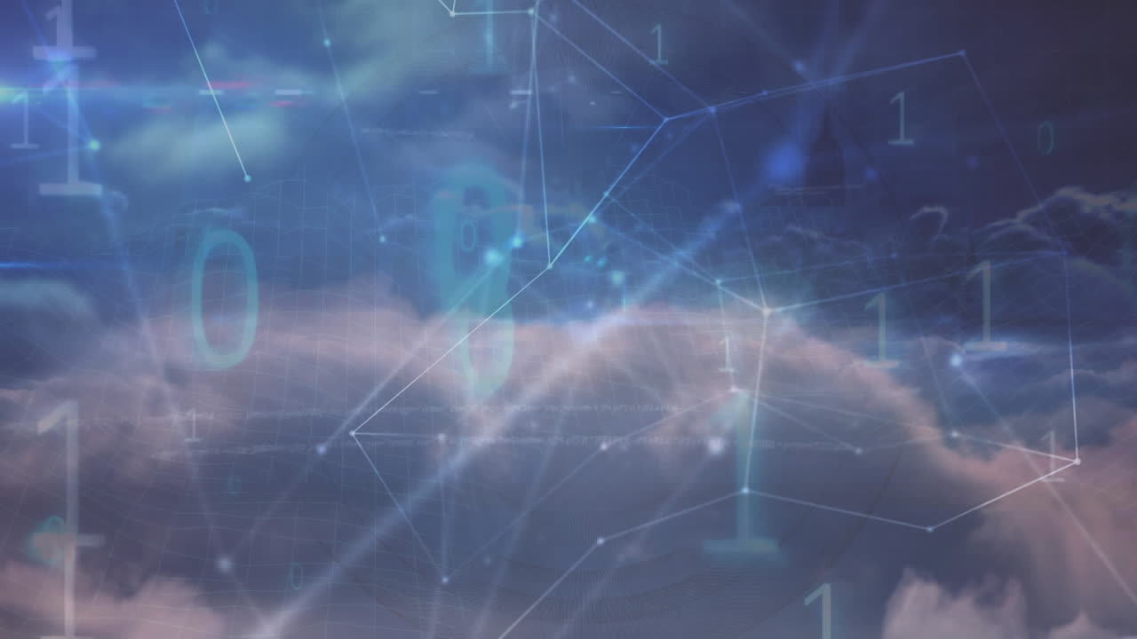 animación de redes de conexiones con iconos y globo sobre el cielo