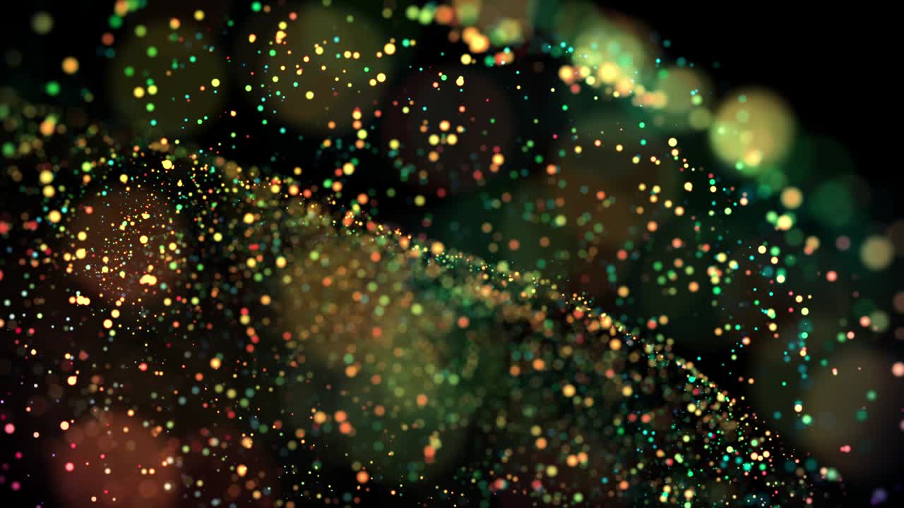 액체에 있는 다채로운 입자들이 떠다니며 반이는 4k 3d 아드션 배경, 반이는 입자, 검은색에 고립된 필드 깊이 및 보케, 마 매트, 입자를 잘라내기.