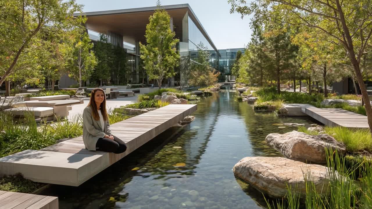 A Serene Moment in Nature: A Young Woman Sits Calmly by a Tranquil Waterway Surrounded by Lush Greenery and Modern Architecture, Embracing the Beauty of the Outdoors