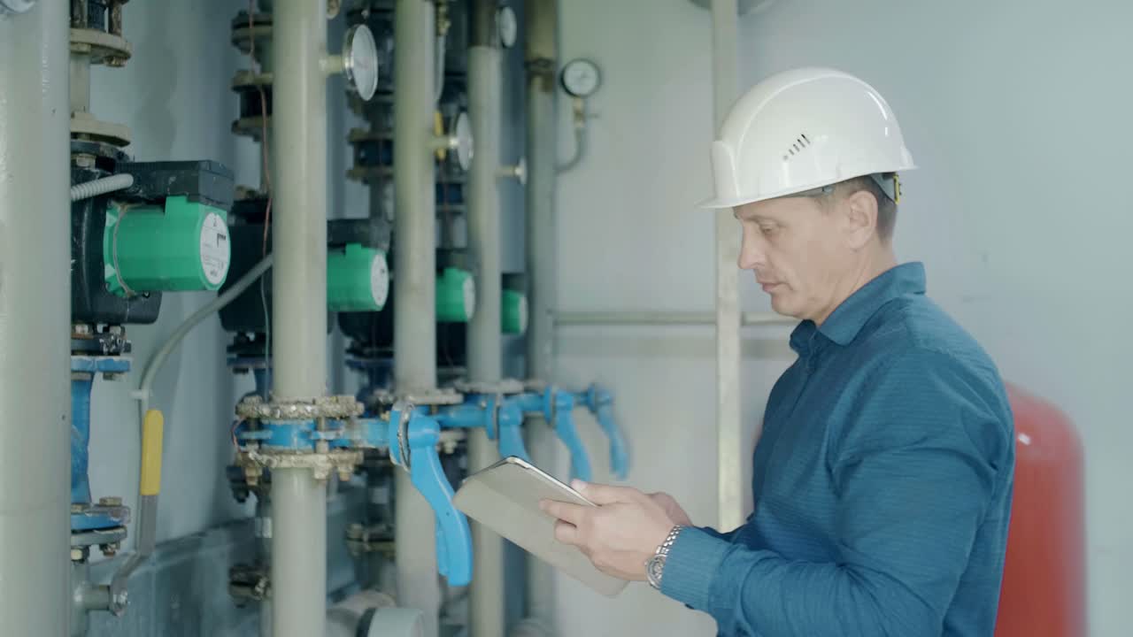 Ingegnere che ispeziona un sistema di tubazioni industriali