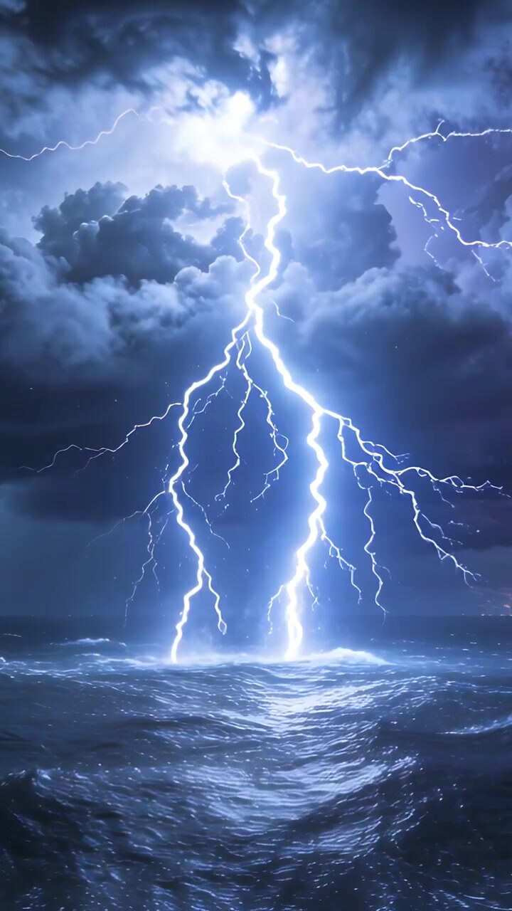 Video verticale: Nuvole temporalesche che scaricano un fulmine centrale che colpisce l'oceano, illuminando le onde.