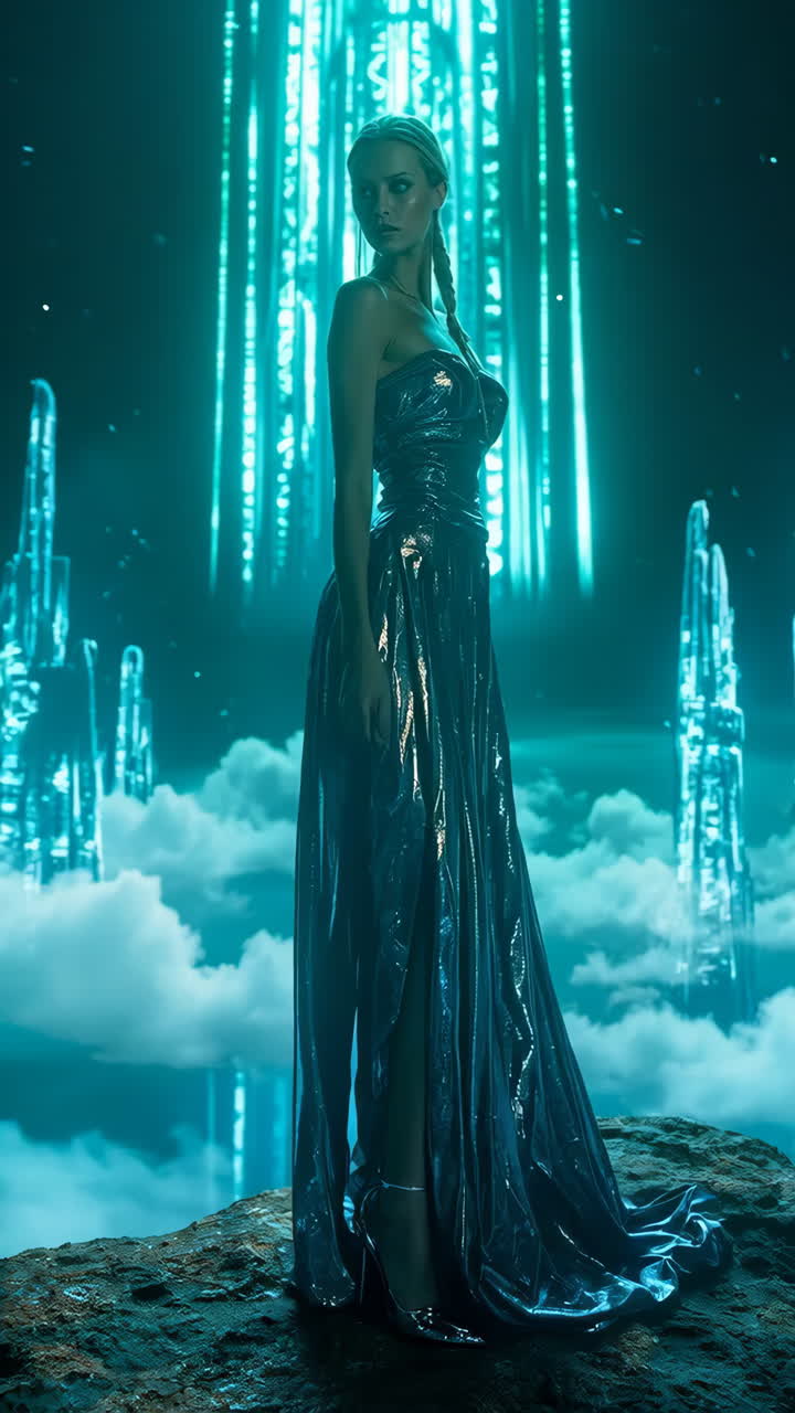 Donna eterea in abito scintillante tra cristalli luminosi.