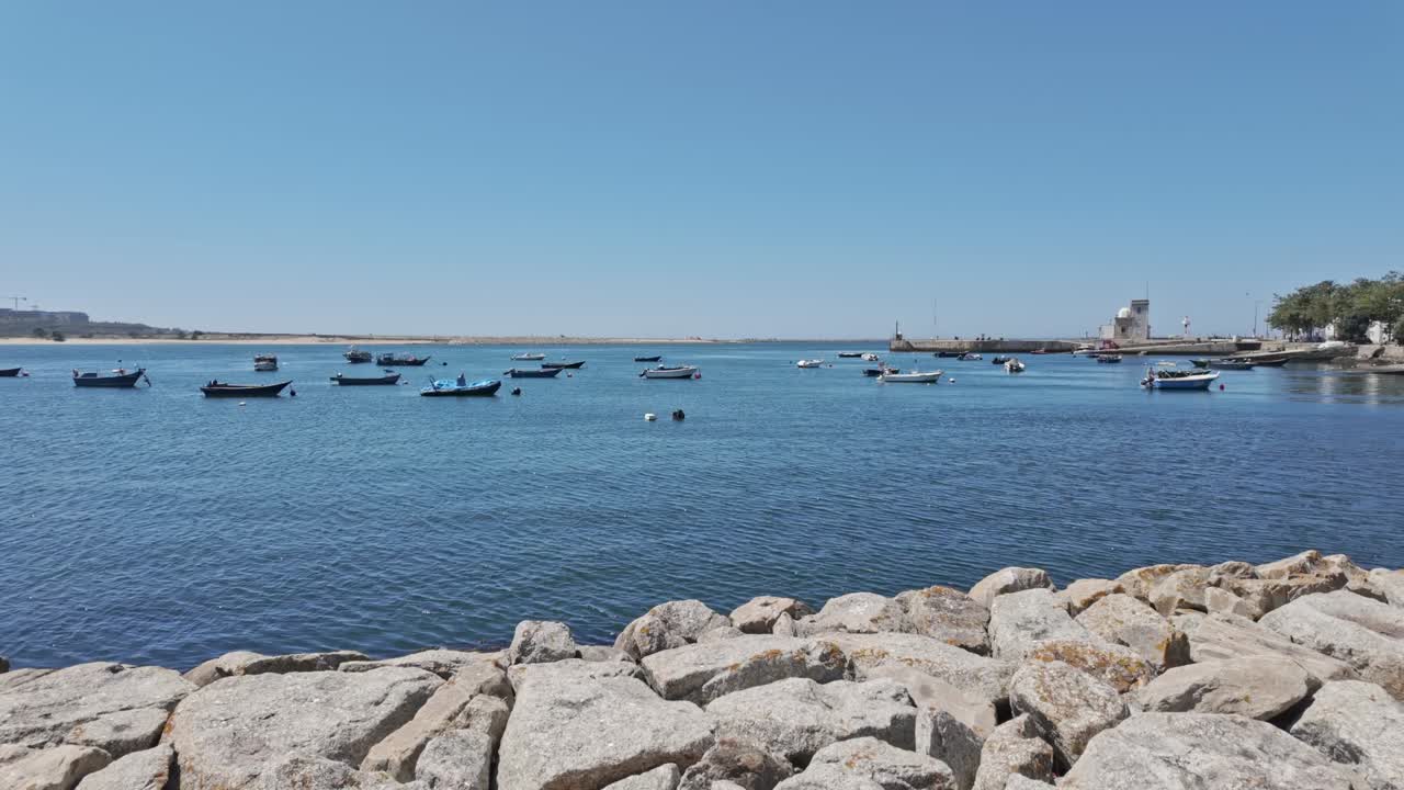 un día tranquilo y soleado en el paseo marítimo de porto con barcos, árboles y un camino rocoso a lo largo de la costa