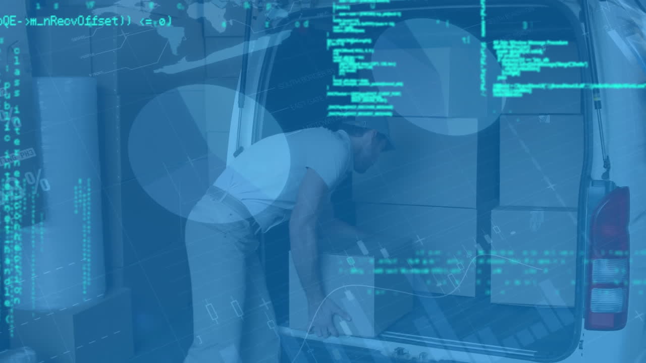 그의 밴에 배달 상자를 쌓는 백인 배달 남자에 대한 통계 데이터 처리