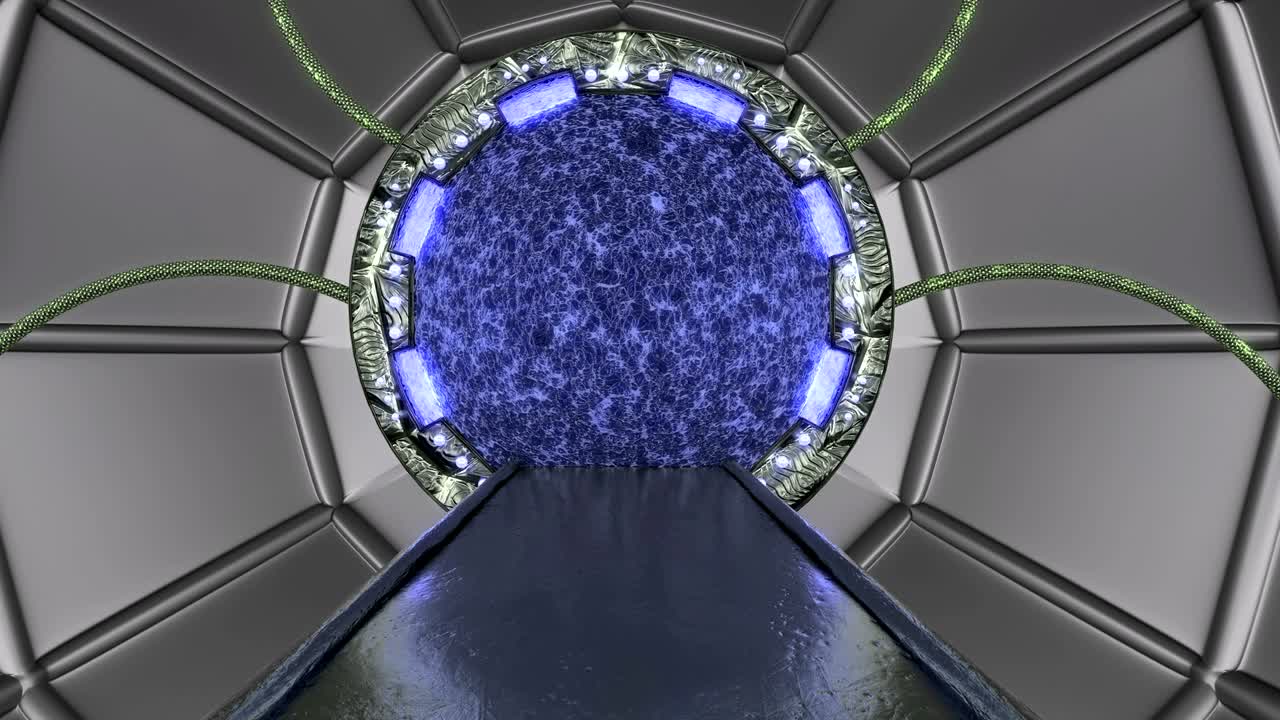 vista panorámica de la escena del paisaje de la estación. fondo abstracto 3d de corredor de ciencia ficción con portal. tecnología futurista abstracto vj sin costuras para títulos tecnológicos y fondo.