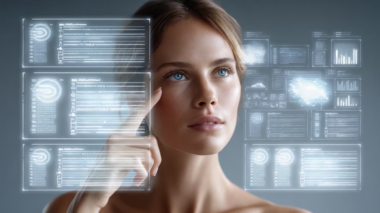 En Futurisk Ung Kvinde Bruger Avanceret Teknologi, med Holografiske Displays der Viser Data og Grafik, Fremhæver Hendes Intellekt og Nysgerrighed i en Digital Verden