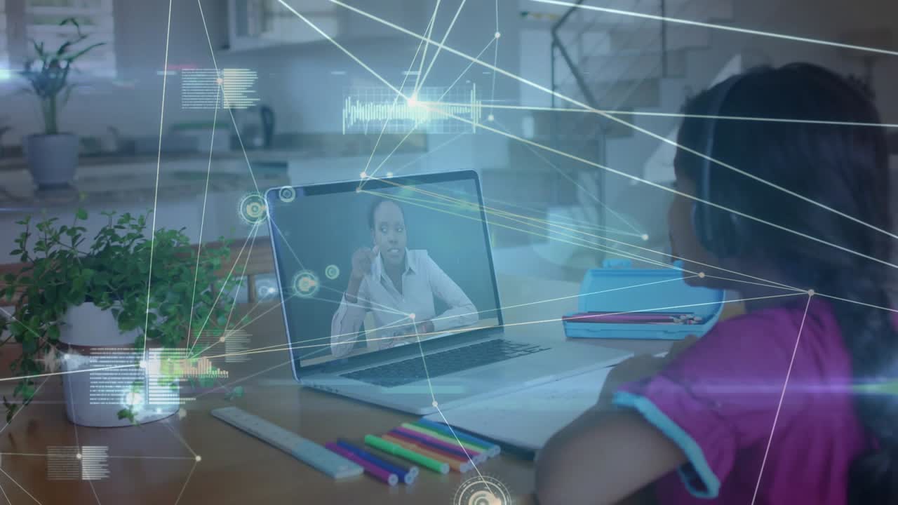 Child student opening laptop as remote lesson starting, raising hand while network nodes animating
