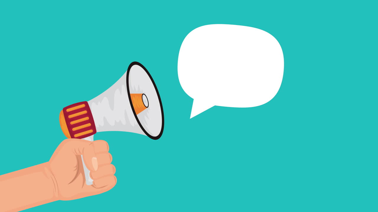 음성 거품과 함께 메가폰을 사용하는 손