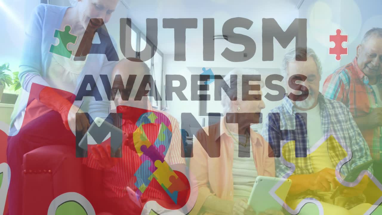 다채로운 퍼즐 조각과 자폐증 텍스트의 애니메이션이 전자 장치를 사용하는 고령 친구들 위에