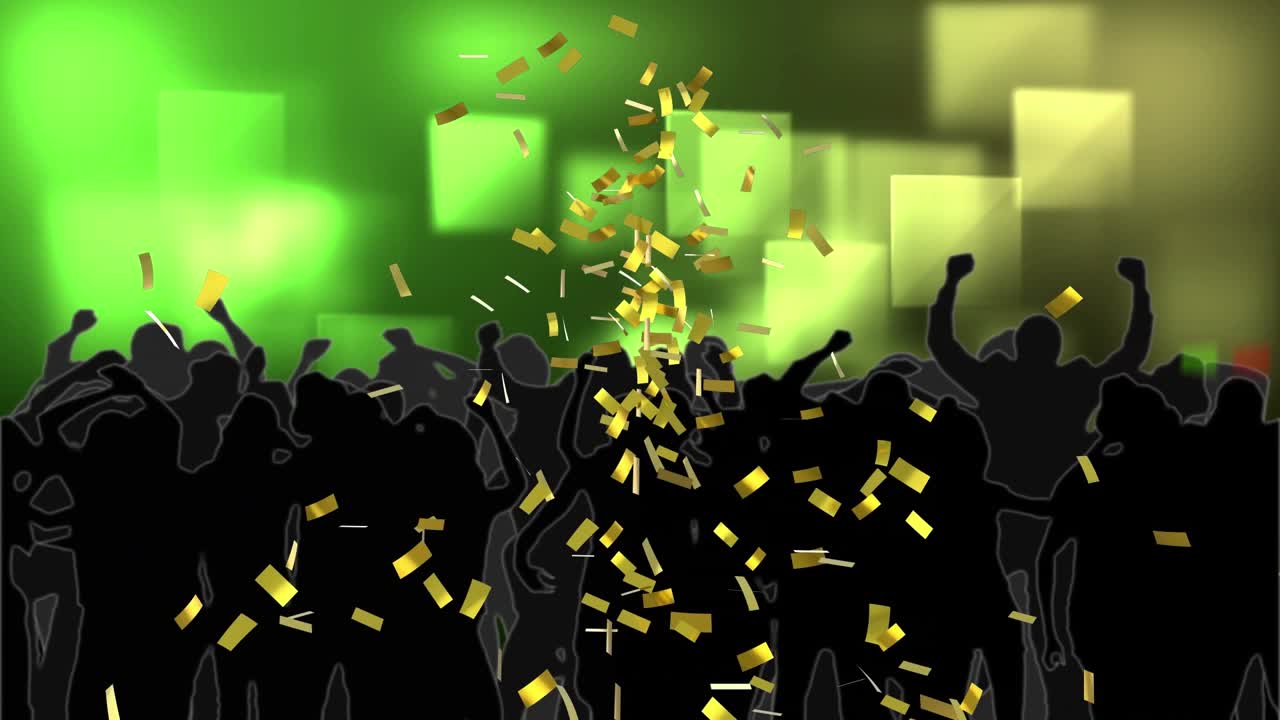 Animation of shapes and confetti over people dancing