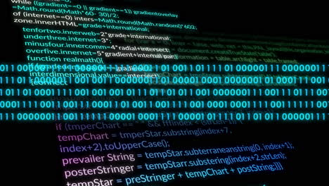 animation of binary code overlaying programming script on digital display screen
