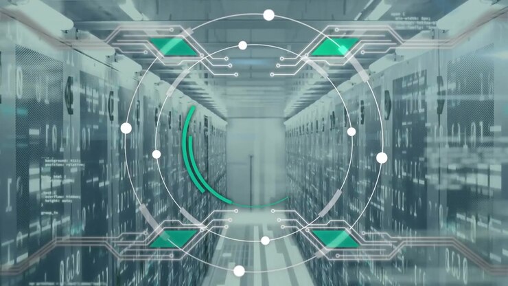 Animation of data processing and scope scanning over server room