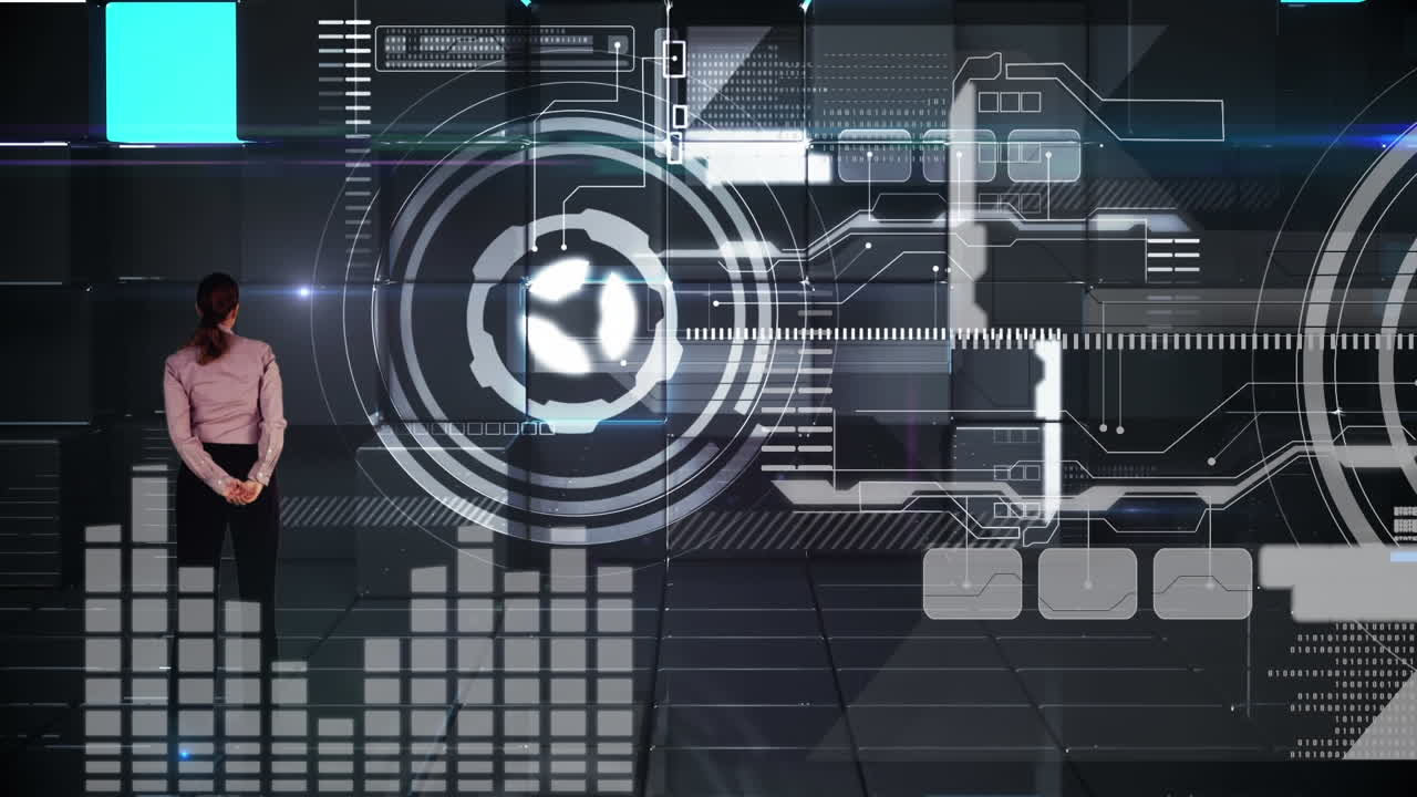 Digital interface with data processing against businesswoman touching futuristic screen