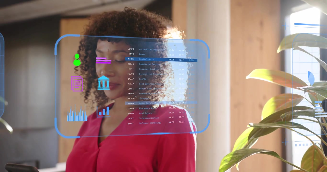 Businesswoman initiating AR panels showing market charts and icons, analyzing metrics on smartphone