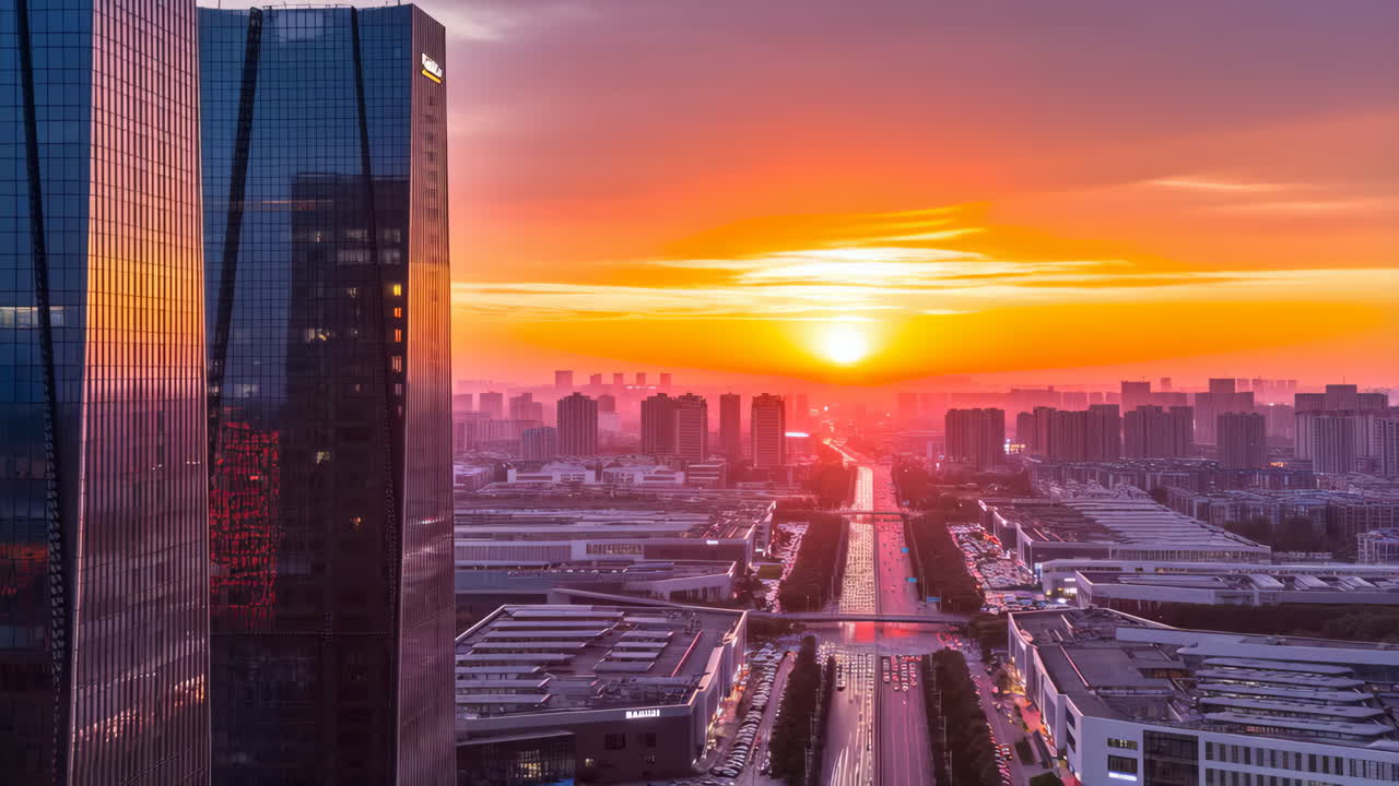 Vibrant Cityscape at Sunset with Modern Architecture and Traffic