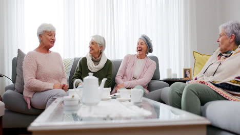 funny, elderly women and friends in home living