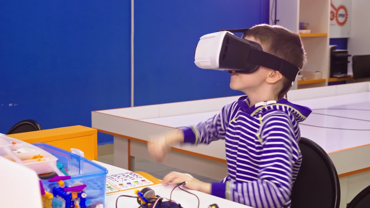 Boy Wearing VR Headset in STEM Classroom