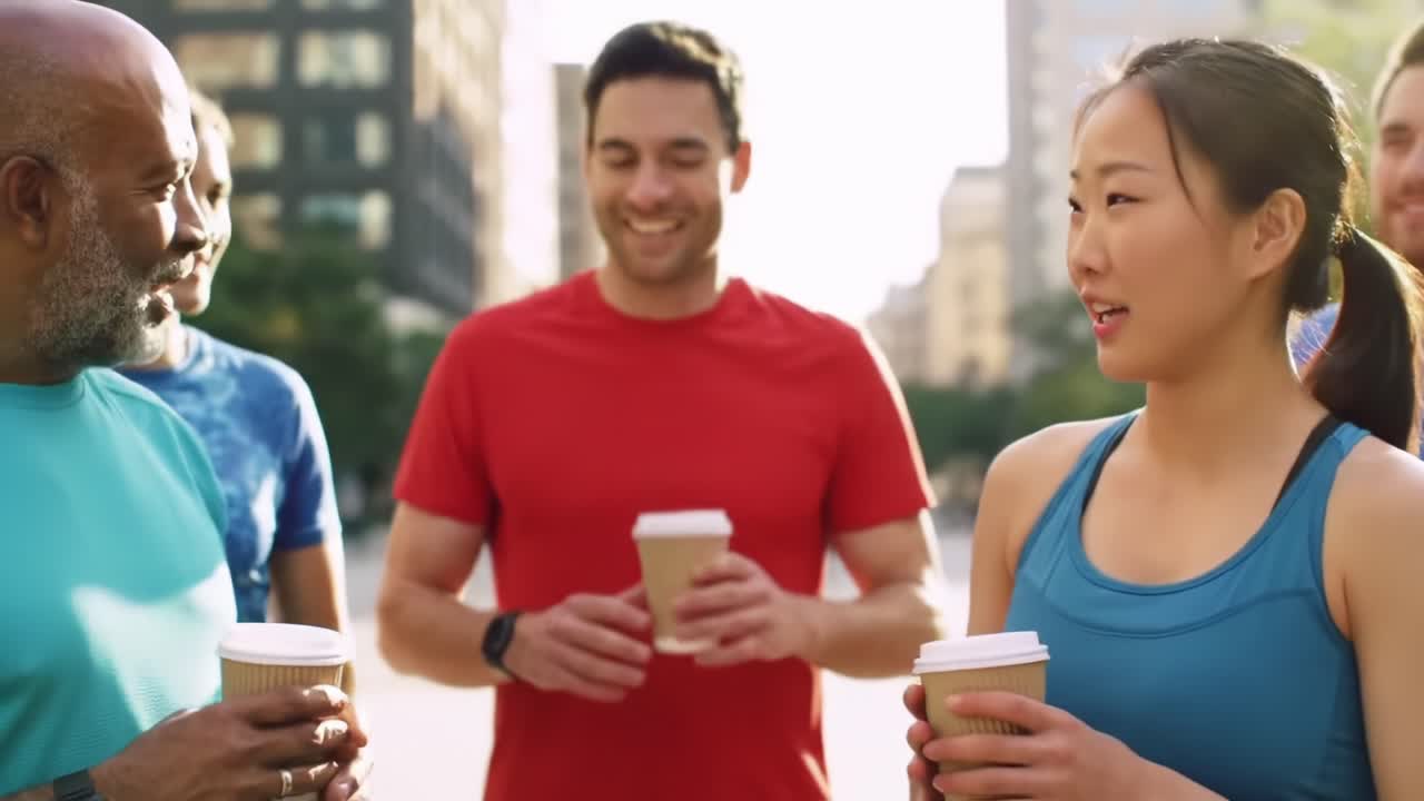 A vibrant group of friends enjoying their post-workout coffee, engaged in lively conversation, showcasing camaraderie and fitness-driven lifestyles in a sunny urban setting