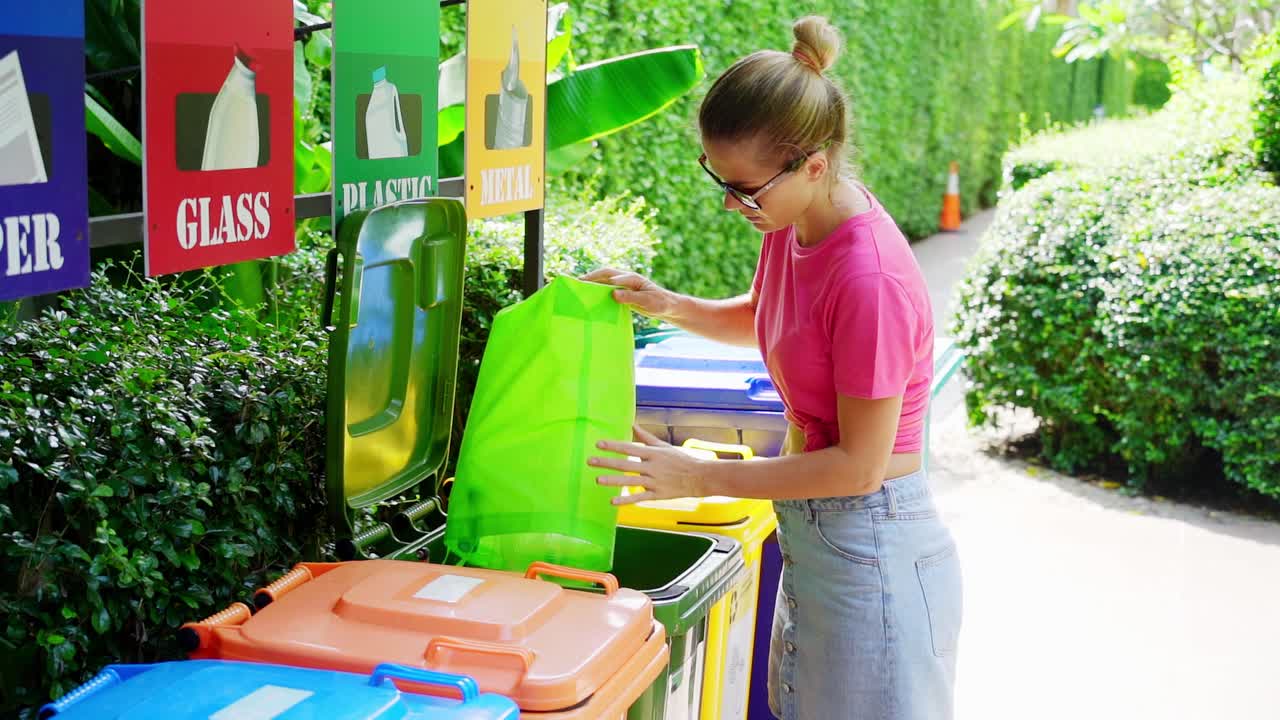 공공 재활용 스테이션에서 재활용하는 여성