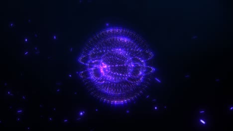 abstract seamless looping neon glow futuristic blue ball with neon blue particles on black background. 4k 3d rendering digital animation blue energy sci-fi fantasy atom with radiating electric light.