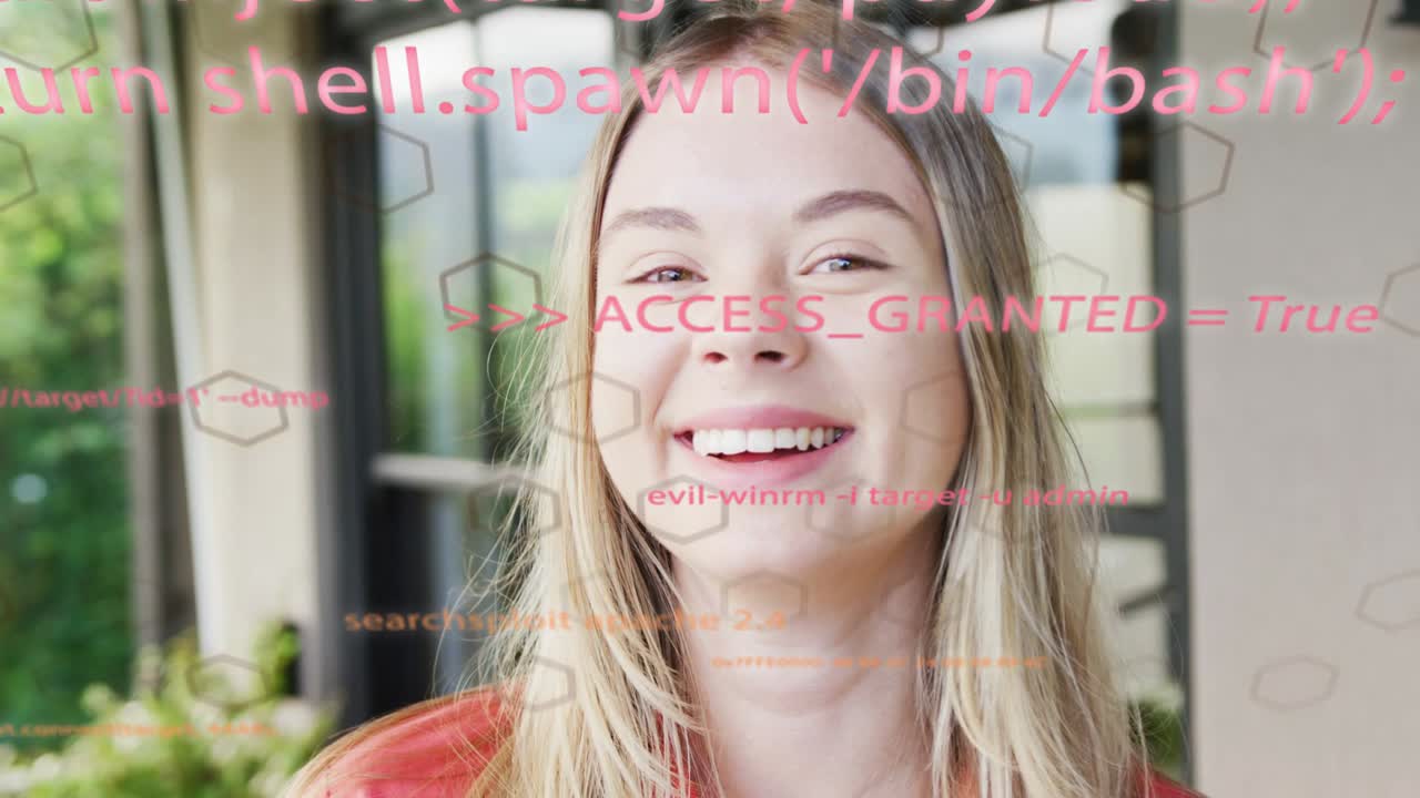 Teenage girl lifting hand, tucking hair on patio, smiling camera-facing while tech code over face