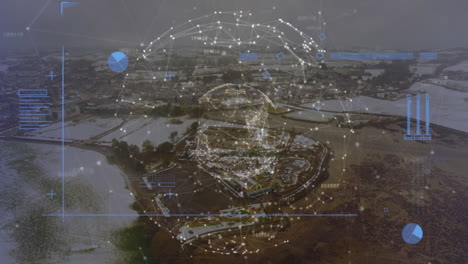 animación del procesamiento de datos sobre el globo de la red de conexiones contra la vista aérea del paisaje urbano.