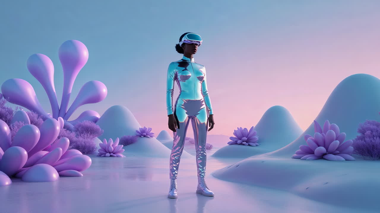 Woman in VR Headset in a Futuristic Pastel Landscape