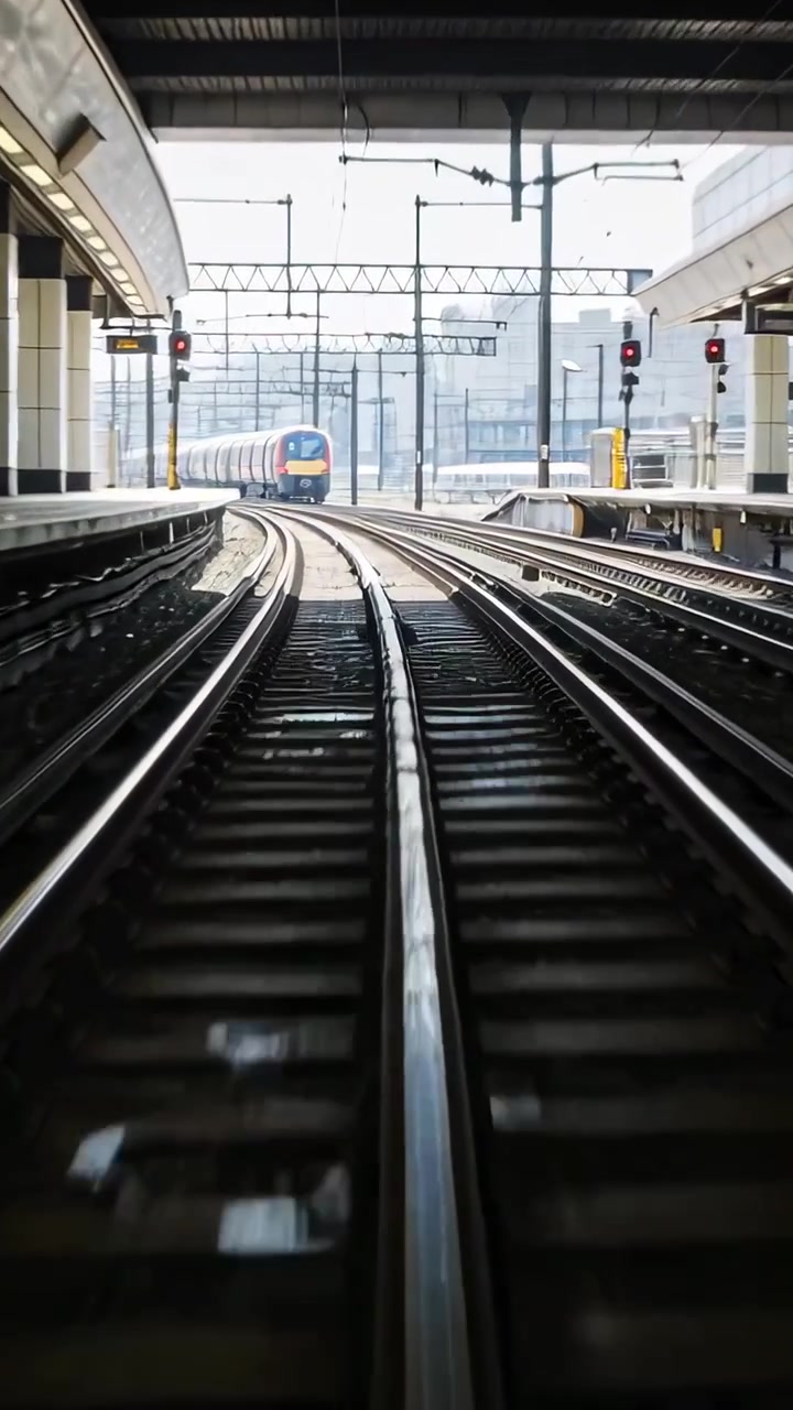 Video verticale: Treno in movimento che parte dopo il cambio del segnale, scorrendo sui binari centrali sotto una pensilina