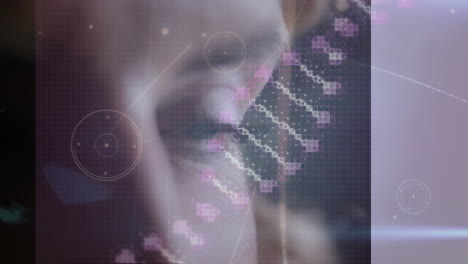 animación de la cadena de adn girando con redes de conexiones sobre la cara de la mujer