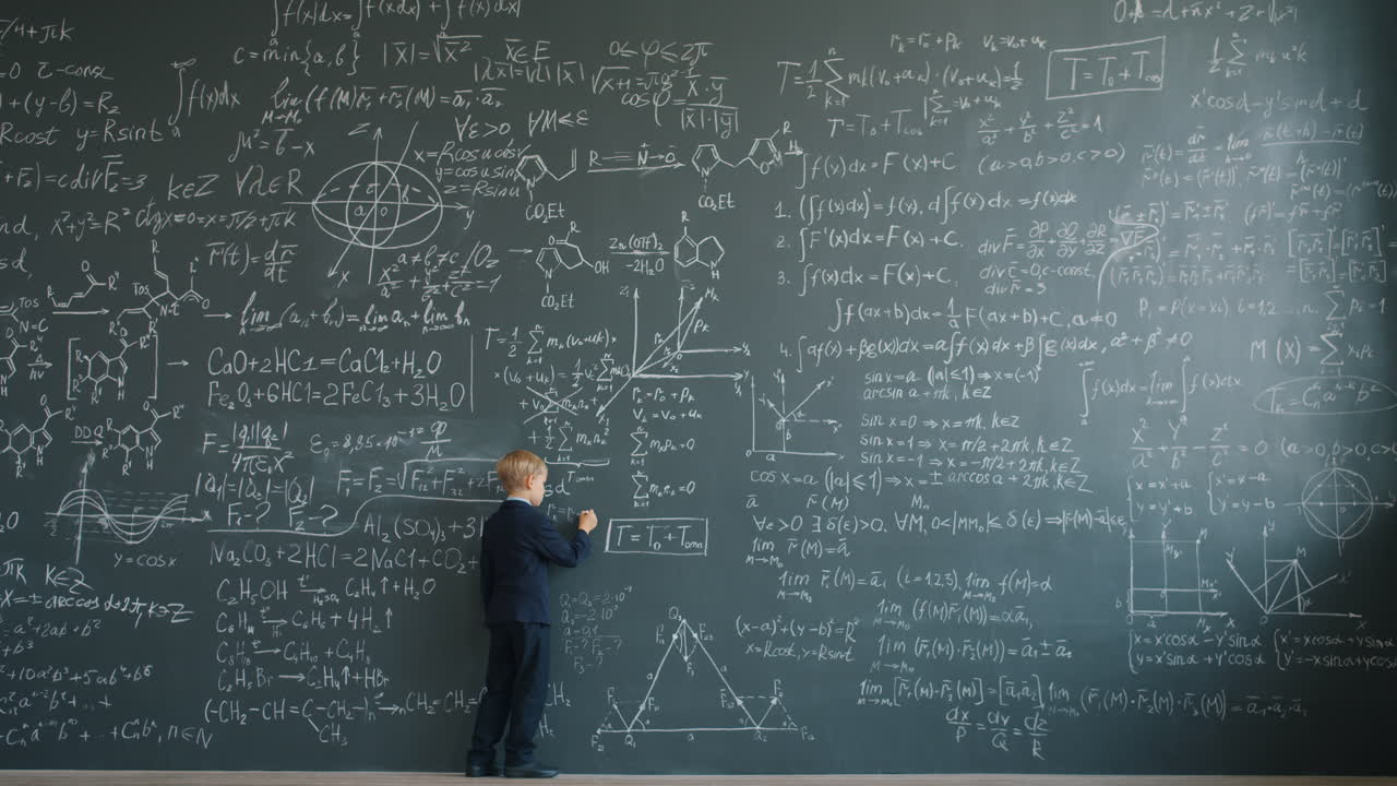 Boy Studying Math on a Blackboard