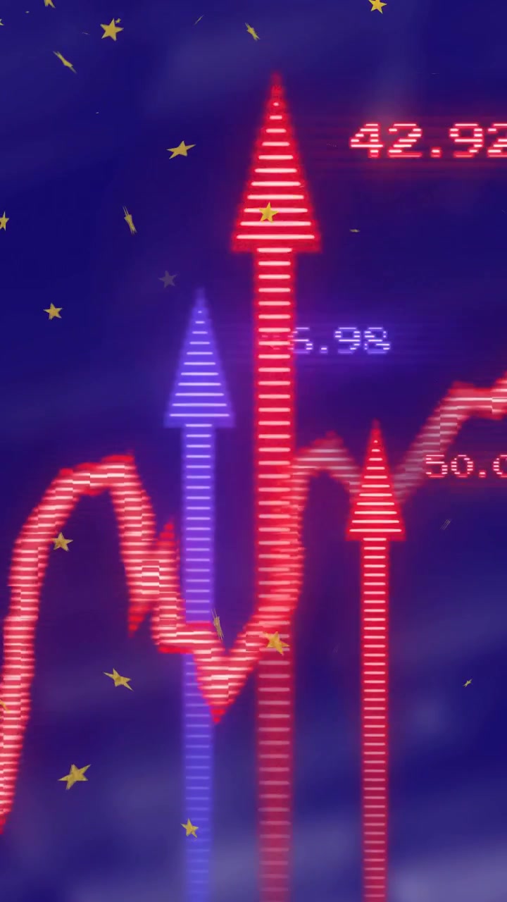 Video verticale: Onda rossa che si muove verso destra raggiungendo picchi, frecce e numeri crescenti che mostrano le tendenze di mercato.