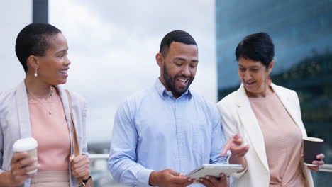 business people on terrace in city with tablet