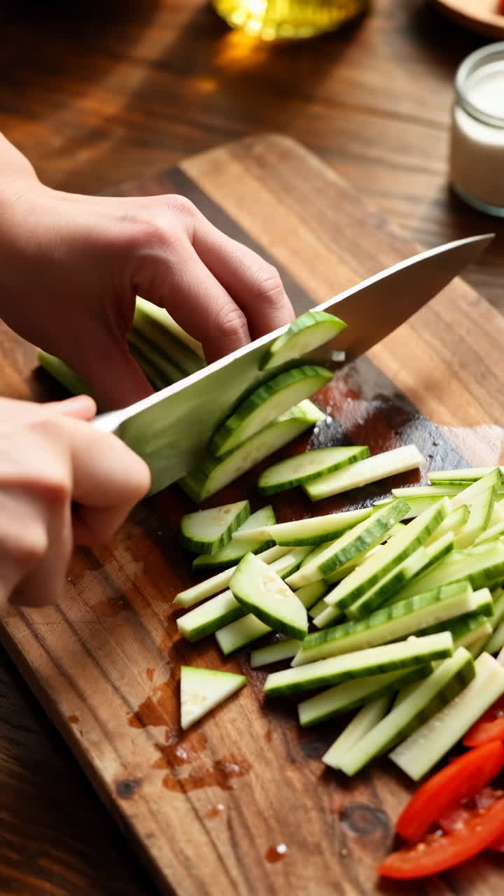 Person Slicing Cucumbers on a Cutting Board