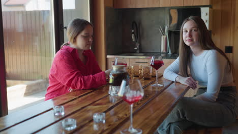 closeup of transparent wine glass filled with red drink and melting ice cubes placed on wooden table as another ice cube is dropped inside under warm daylight creating refreshing visual detail