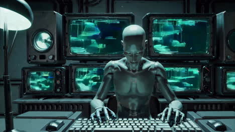Robot Hacker in a Retro Cyber-Office