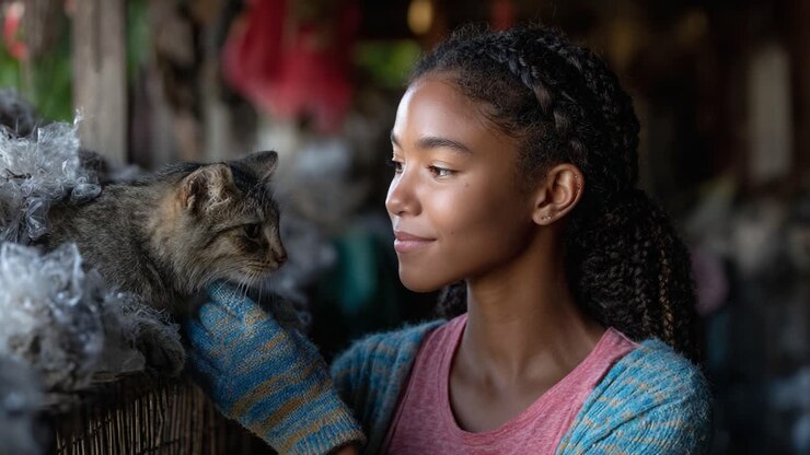 Un legame commovente: una giovane ragazza stringe amicizia con un gatto in un ambiente rustico e naturale, sottolineando la gioia dell'amicizia e della compagnia
