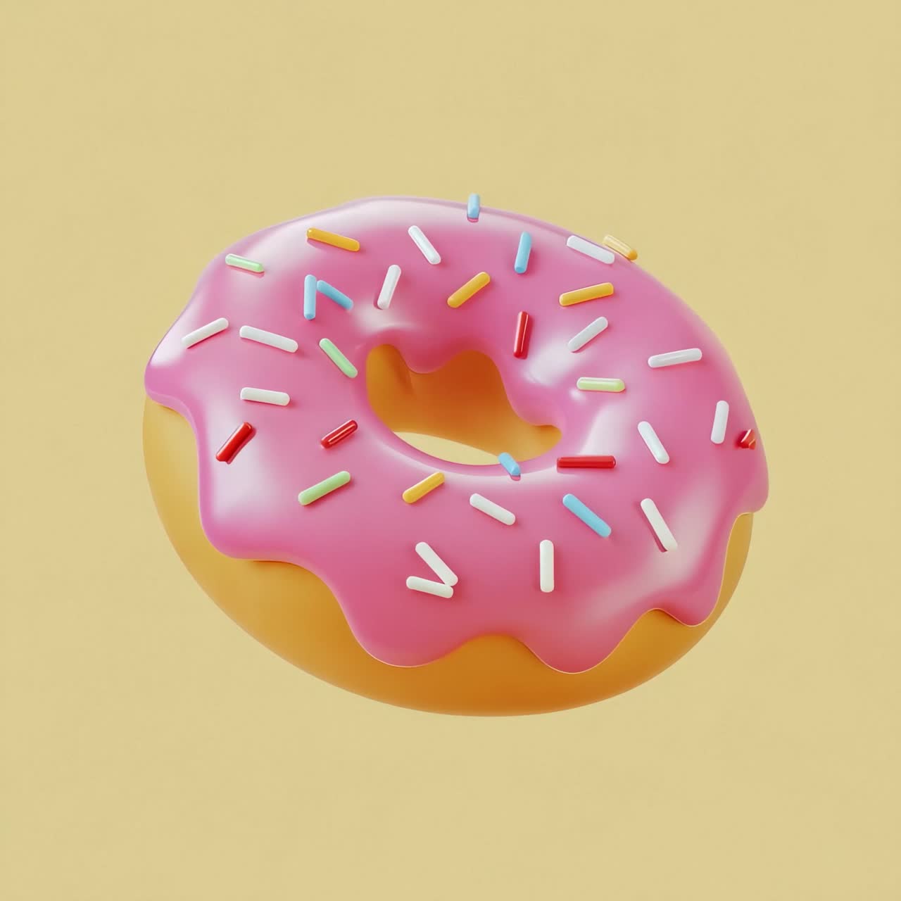 A 3D rendered cartoon donut with pink frosting and colorful sprinkles