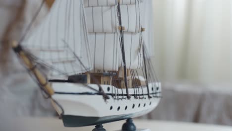 close-up of a wooden model ship