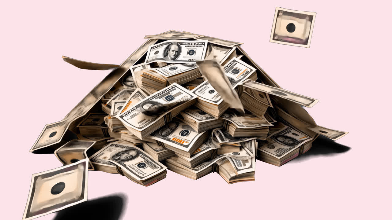 Abundant cash wealth illustration animated overlay, transparent 4K video, alpha channel, ProRes 4444
