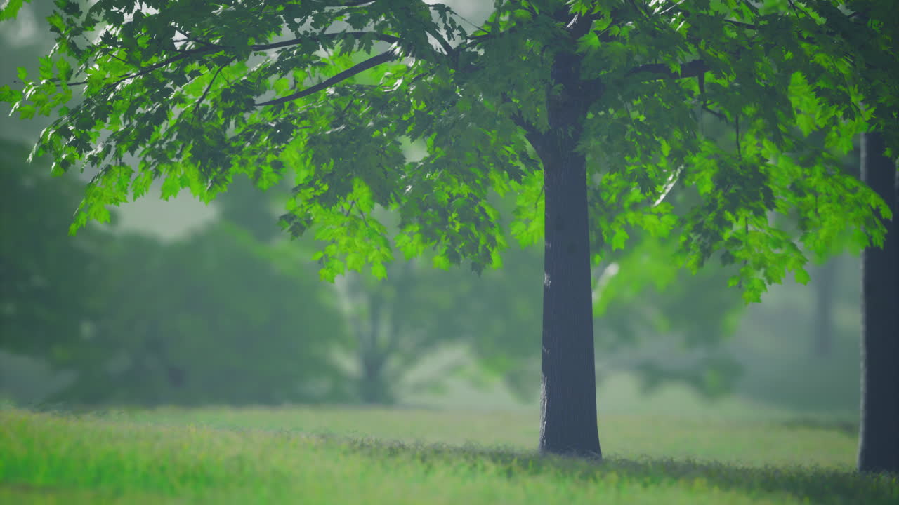 Lush green trees standing tall in a tranquil morning woodland setting