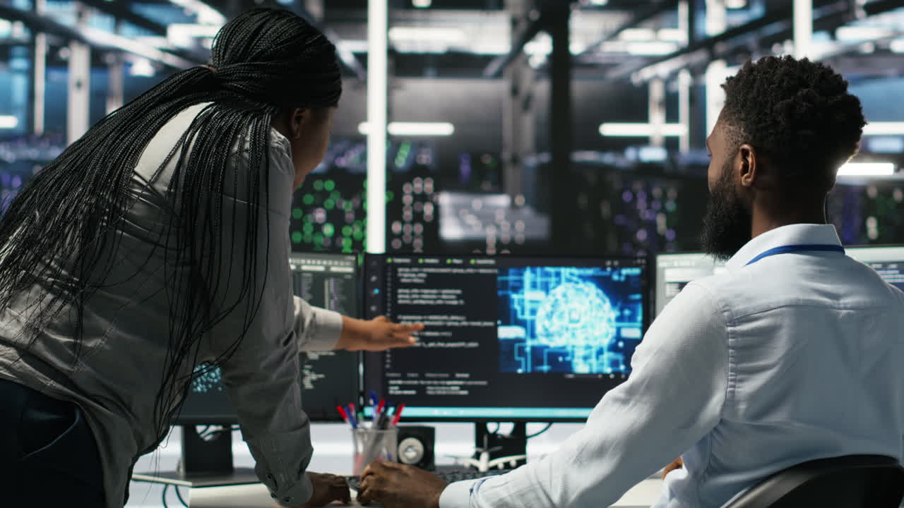 Manager supervising data center engineer using AI neural network models