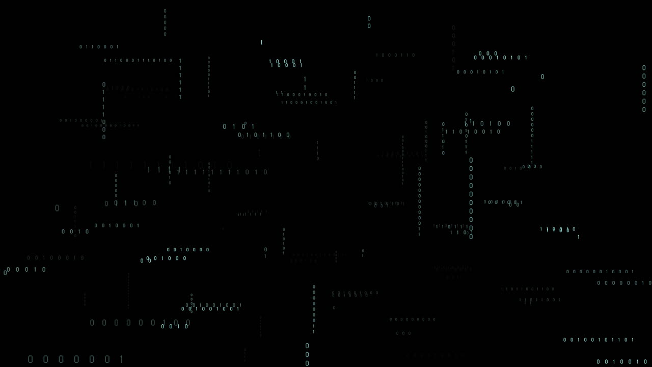 Animation of binary coding and data processing on black background