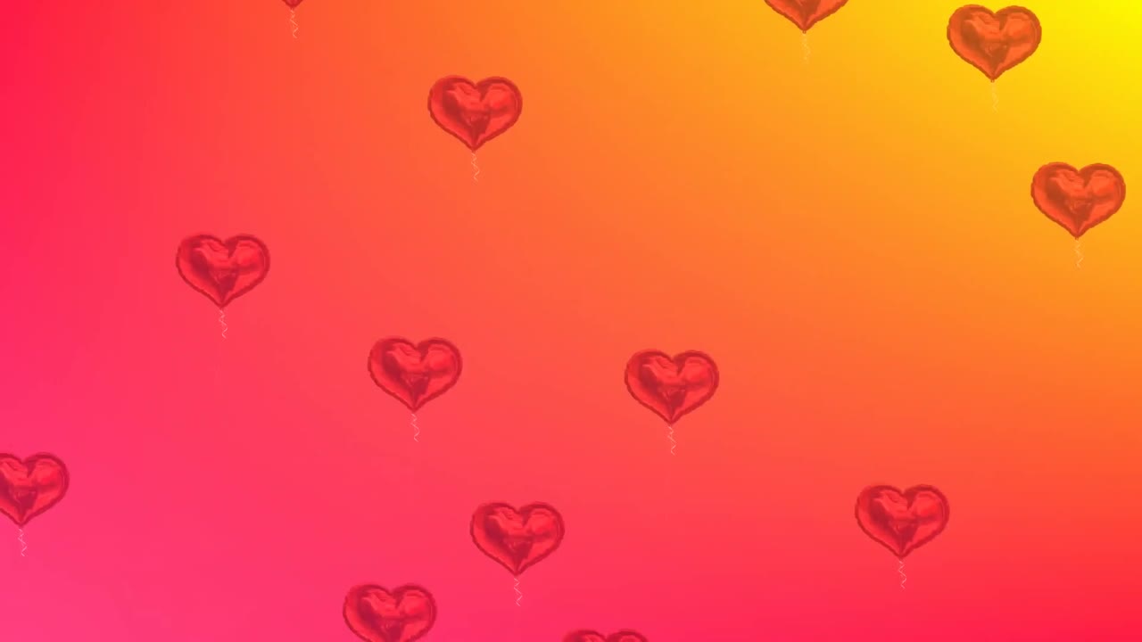 Animation of heart shapes flying on colourful background